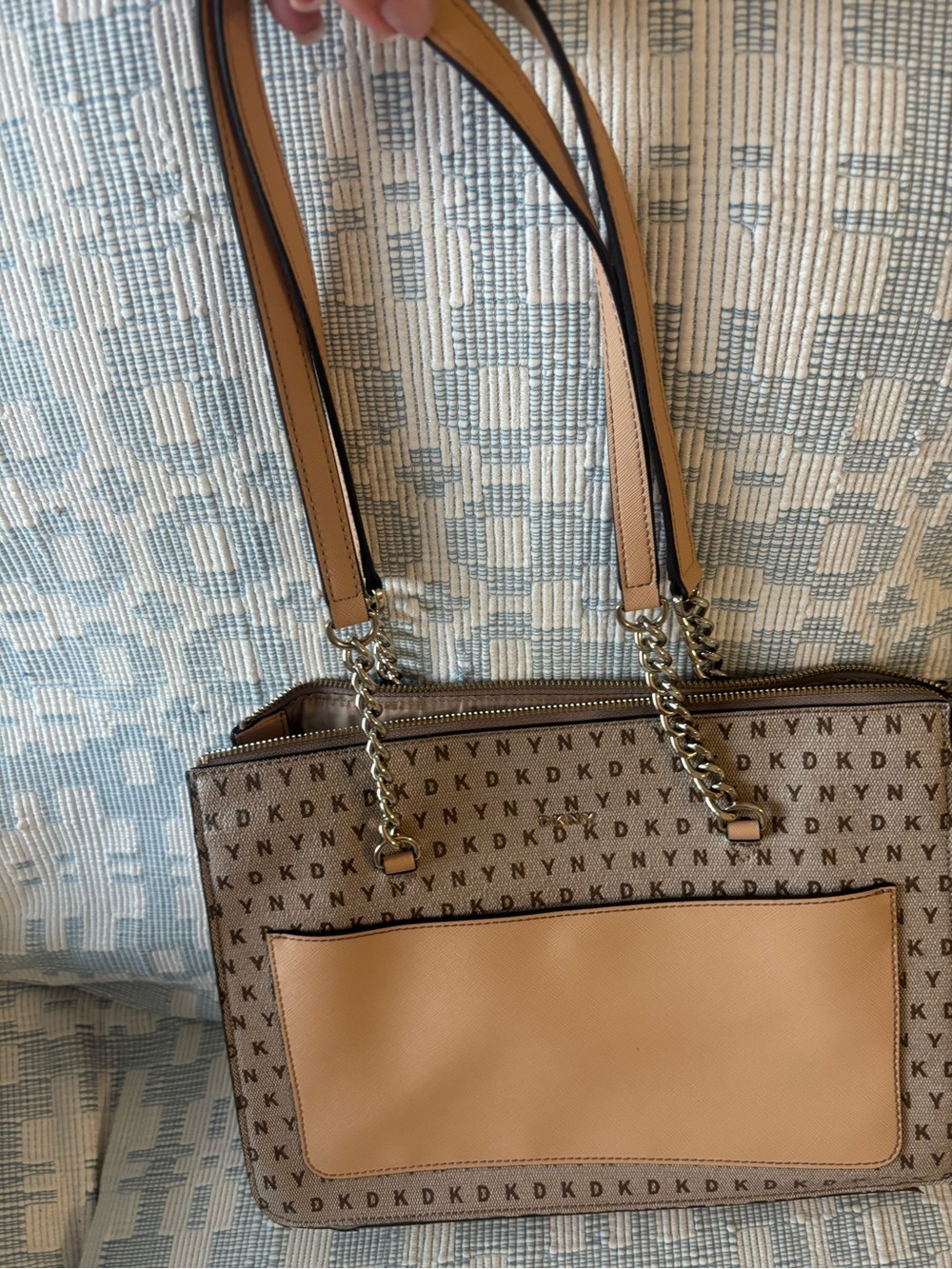 DKNY Beige/Tan Logo Shoulder Tote with Front Pocket